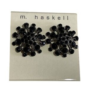 Miriam Haskell Faceted Black Sparkle Stone with Silver Clip On Earrings on Card